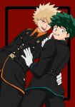  2boys arm_around_waist bakugou_katsuki belt black_belt black_border black_jacket black_necktie black_pants blonde_hair boku_no_hero_academia border collared_shirt dutch_angle freckles gloves green_hair highres jacket looking_at_viewer looking_back male_focus midoriya_izuku multiple_boys necktie no_control orange_shirt pants red_background red_eyes shirt spiky_hair tongue tongue_out white_gloves 