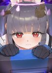  1girl absurdres ahoge artist_name bangs black_gloves black_hair blue_archive blunt_bangs blush closed_mouth eyebrows_visible_through_hair gloves hairband halo highres in_container kakikukeko556 leaf leaf_on_head long_hair long_sleeves looking_at_viewer miyu_(blue_archive) red_eyes shiny shiny_hair solo trash_can 