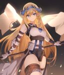  1girl arknights bangs bare_shoulders blonde_hair blue_eyes braid commentary cowboy_shot elbow_gloves eyebrows_visible_through_hair fingerless_gloves flag gloves hair_between_eyes highres holding holding_flag horns kiso_(wjnomcuzqmdjcql) long_hair looking_at_viewer pointy_ears saileach_(arknights) shirt single_braid smile solo standing thigh-highs thighs very_long_hair white_shirt 