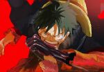  1boy angry black_hair haki hat highres monkey_d._luffy one_piece open_mouth red_background scar scar_on_chest scar_on_face short_hair simple_background straw_hat teeth tongue yuki_(illust2002) 