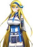  1girl absurdly_long_hair absurdres arknights arms_behind_back bangs bare_shoulders black_skirt blonde_hair blue_eyes blue_hairband blue_necktie blush breasts commentary cowboy_shot elbow_gloves eyebrows_visible_through_hair gloves hair_between_eyes hairband highres horns large_breasts long_hair looking_at_viewer miniskirt necktie pointy_ears saileach_(arknights) shirt simple_background skirt solo standing strapless strapless_shirt thigh-highs uiru_(uiruuun) very_long_hair white_background white_shirt zettai_ryouiki 