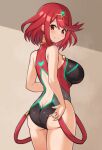  1girl adjusting_clothes adjusting_swimsuit ass bangs black_swimsuit breasts closed_mouth commentary_request competition_swimsuit cowboy_shot earrings highres jewelry looking_at_viewer medium_breasts one-piece_swimsuit pyra_(pro_swimmer)_(xenoblade) pyra_(xenoblade) red_eyes red_swimsuit redhead short_hair smile solo swept_bangs swimsuit thighs tiara two-tone_swimsuit xenoblade_chronicles_(series) xenoblade_chronicles_2 yashiro_misone 