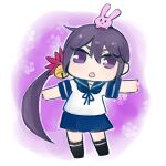  1girl akebono_(kancolle) animal_on_head bell black_legwear blue_sailor_collar blue_skirt bunny_on_head chestnut_mouth flower fuzino hair_bell hair_flower hair_ornament highres jingle_bell kantai_collection kneehighs long_hair on_head pleated_skirt purple_hair rabbit sailor_collar school_uniform serafuku short_sleeves side_ponytail skirt very_long_hair violet_eyes 