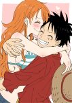  1boy 1girl absurdres bikini bikini_top_only black_hair blush happy hat highres hug kiss kissing_cheek long_hair monkey_d._luffy nami_(one_piece) one_piece orange_hair oshicpume scar scar_on_face short_hair smile swimsuit 