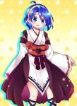  1girl ahoge alternate_costume blue_eyes blue_hair breasts eyebrows_visible_through_hair highres japanese_clothes long_sleeves multicolored_hairband open_mouth pote_(ptkan) short_hair small_breasts solo star_(symbol) sweatdrop tenkyuu_chimata touhou yellow_background 