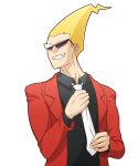  1boy adjusting_clothes adjusting_necktie blonde_hair formal ghost_trick grin male_focus mike_inel necktie red_suit sissel smile solo suit sunglasses transparent_background upper_body white_necktie 