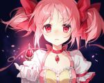  1girl breasts choker commentary frilled_sleeves frills gloves hair_ribbon highres kaname_madoka mahou_shoujo_madoka_magica pink_choker pink_eyes pink_hair pink_ribbon puffy_short_sleeves puffy_sleeves ribbon ribbon_choker short_sleeves short_twintails sidelocks small_breasts solo soul_gem twintails upper_body white_gloves yunweishukuang 