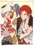  2boys blue_hair buggy_the_clown clenched_teeth clown_nose highres hoyano_(maimai) looking_at_another male_focus multiple_boys one_piece redhead scar scar_on_face shanks smile sword teeth weapon 
