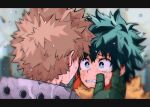  2boys absurdres akino_(aki_ktdk) bakugou_katsuki blonde_hair blurry blurry_background boku_no_hero_academia crying crying_with_eyes_open freckles gloves green_eyes green_gloves green_hair hand_on_another&#039;s_face highres letterboxed looking_at_another male_focus midoriya_izuku multiple_boys spiky_hair tears water_drop 