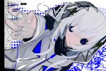  1girl abstract_background bangs blue_eyes blunt_bangs cevio commentary expressionless galaxy highres hood hood_up hooded_jacket jacket kafu_(cevio) long_hair looking_at_viewer outstretched_arm reaching_out saniiiwan solo symbol-only_commentary white_hair white_jacket white_nails zipper 