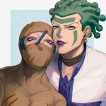  2boys bodysuit cioccolata earrings facepaint facial_mark green_eyes green_hair highres hospital_0434 jewelry jojo_no_kimyou_na_bouken makeup male_focus multiple_boys oasis_(stand) purple_lips secco stand_(jojo) vento_aureo violet_eyes 