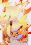  blurry blurry_background chita_(ketchup) depth_of_field fire flareon grey_background highres looking_at_viewer pokemon pokemon_(creature) red_eyes simple_background solo standing 