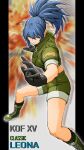  1girl black_gloves blue_eyes blue_hair boots character_name earrings gloves green_jacket green_shorts highres jacket jewelry leona_heidern military military_uniform ponytail short_sleeves shorts solo suspenders the_king_of_fighters the_king_of_fighters_xv triangle_earrings uniform x_chitch 