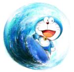  1boy bell blue_eyes cat collar commentary_request doraemon doraemon_(character) jingle_bell male_focus mochizuki_tagosaku no_ears open_mouth pouch robot simple_background solo surfing whiskers white_background 