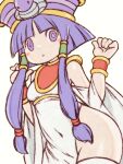  1girl armlet bangs beeru_(veil8801) breasts cleopatra_fortune dress egyptian hair_tubes headdress highres navel no_panties patrako_(cleopatra_fortune) purple_hair short_hair_with_long_locks sidelocks simple_background small_breasts thigh-highs tight tight_dress violet_eyes 