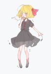  1girl alternate_costume artist_name black_legwear black_shirt black_skirt blonde_hair collared_shirt commentary_request hair_ribbon hand_on_own_face highres m_(m073111) red_eyes red_ribbon ribbon rumia sharp_teeth shirt shoes short_hair short_sleeves skirt solo teeth touhou translation_request white_background wing_collar 