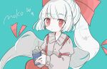  1girl artist_name bangs beige_shirt blue_background blunt_bangs blush bow buttons character_name cigarette cigarette_pack collared_shirt eyebrows_visible_through_hair fujiwara_no_mokou hair_bow highres holding holding_cigarette long_hair long_sleeves m_(m073111) ponytail red_bow red_eyes shirt sleeve_garter solo suspenders touhou twitter_username white_hair 