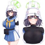  1girl 82jhin animal_ear_headwear belt belt_pouch black_undershirt blue_archive blue_shirt blush breasts frown halo helmet highres jitome korean_commentary large_breasts pleated_skirt pouch sailor_collar saki_(blue_archive) shirt skirt white_background 