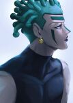  1boy bare_shoulders cioccolata earrings facepaint facial_mark green_eyes green_hair hospital_0434 jewelry jojo_no_kimyou_na_bouken lipstick makeup male_focus purple_lips sleeveless sleeveless_turtleneck solo turtleneck 