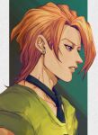  1boy clothing_cutout earrings formal highres hospital_0434 jewelry jojo_no_kimyou_na_bouken male_focus necktie orange_hair pannacotta_fugo profile solo suit vento_aureo violet_eyes 