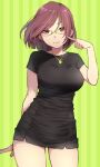  1girl black_dress breasts commentary_request copyright_request dress duke_(inu_daimyou) glasses green_background large_breasts looking_at_viewer redhead short_hair smile solo striped vertical_stripes 