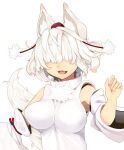  1_mutsuki 1girl :d animal_ears bangs bare_shoulders breasts covered_eyes detached_sleeves inubashiri_momiji open_mouth shirt short_hair simple_background smile tail touhou white_background white_hair white_shirt white_sleeves wolf_ears wolf_girl wolf_tail 