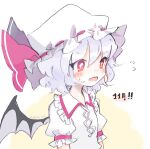  1girl artist_name bat_wings blush bow collared_shirt commentary_request dated fang flying_sweatdrops frilled_shirt_collar frilled_sleeves frills hat hat_bow highres light_purple_hair m_(m073111) medium_hair mob_cap puffy_short_sleeves puffy_sleeves red_bow red_eyes remilia_scarlet shirt short_sleeves skin_fang solo sweatdrop touhou twitter_username upper_body white_shirt wing_collar wings 