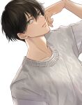 1boy bangs black_hair green_eyes grey_sweater hair_between_eyes hand_up highres kibo_b looking_at_viewer male_focus matsuno_chifuyu parted_lips short_hair simple_background solo sweater tokyo_revengers upper_body white_background 