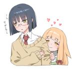  2girls bangs black_hair blonde_hair blush brown_sweater closed_mouth collared_shirt commentary_request eyebrows_visible_through_hair heart long_hair low-tied_long_hair multiple_girls necktie original parted_lips raigou red_necktie shirt shirt_tug short_hair simple_background sweat sweater thick_eyebrows translation_request upper_body white_background white_shirt yellow_eyes yuri 