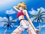  1990s_(style) 1996 1girl arm_up ass ass_cutout belt blonde_hair blue_eyes breasts butt_crack closed_mouth clothing_cutout clouds company_name covered_nipples day long_hair looking_at_viewer looking_back maharaja_(megami_paradise) megami_paradise no_panties official_art outdoors photoshop_(medium) pink_shirt retro_artstyle shirt shorts solo tree white_shorts yamauchi_noriyasu 