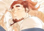  1boy bags_under_eyes boogeyman_(housamo) brown_hair commentary_request facial_hair goatee highres long_hair long_sideburns male_focus mature_male multicolored_hair muscular muscular_male scar scar_on_face sideburns sleeping solo tokyo_afterschool_summoners two-tone_hair zeroru1111 