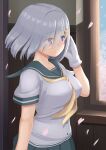  1girl black_legwear black_skirt blouse blue_eyes breasts eyes_visible_through_hair gloves hair_ornament hair_over_one_eye hairclip hamakaze_(kancolle) highres indoors kantai_collection large_breasts neckerchief pleated_skirt school_uniform serafuku short_hair short_sleeves silver_hair skirt solo tukimotoreiji upper_body white_blouse white_gloves window yellow_neckerchief 