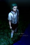  1boy absurdres child cioccolata dreadlocks facial_mark from_above full_body grass green_eyes green_hair highres hospital_0434 jojo_no_kimyou_na_bouken lawn male_focus night shorts solo standing suspender_shorts suspenders younger 