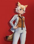  animal_ears beleven blonde_hair coyote_(kemono_friends) gloves highres kemono_friends kemono_friends_v_project looking_at_viewer necktie open_mouth shirt shoes short_hair simple_background skirt smile tail virtual_youtuber white_shirt yellow_eyes 