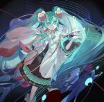  1girl aqua_eyes aqua_hair bangs black_background dress flower glowing hair_between_eyes hair_ornament hatsune_miku highres long_hair musical_note note red_cucumber shaded_face simple_background smile solo staff_(music) treble_clef twintails vocaloid white_dress wide_sleeves wind wind_lift 