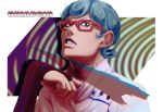  1boy blue_eyes blue_hair bridal_gauntlets character_name clenched_teeth curly_hair ghiaccio glasses highres hospital_0434 jojo_no_kimyou_na_bouken male_focus red-framed_eyewear solo teeth vento_aureo 