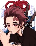  1boy black_shirt brown_hair datli64 earrings frown highres jewelry kamado_tanjirou katana kimetsu_no_yaiba knot red_eyes scar scar_on_face shirt sword waves weapon 