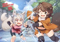  2girls animal_ears black_shorts brown_eyes brown_hair forest fox_ears fox_girl fox_tail japanese_clothes jingai_modoki kimono kitsune_(mon-musu_quest!) multiple_girls multiple_tails nature one_eye_closed playing raccoon_ears raccoon_tail red_eyes river short_hair shorts silver_hair smile tail tanuki_girl_(mon-musu_quest!) thigh-highs water water_drop wet wet_clothes 