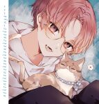  1boy absurdres artist_name bishounen brown_hair cat closed_eyes dated fang glasses heart highres jacket kageroudt322 male_focus original redhead sitting smile solo upper_body whiskers white_jacket 