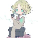  1girl artist_name bag blush bow bowtie braid checkered_clothes checkered_skirt collared_shirt eyebrows_visible_through_hair french_braid green_eyes highres holding holding_bag holding_phone long_sleeves looking_at_viewer m_(m073111) mizuhashi_parsee phone pointy_ears school_bag school_uniform shirt short_hair short_ponytail skirt solo sweater touhou twitter_username white_shirt wing_collar 