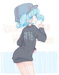  1girl alternate_costume artist_name bangs black_shirt blue_eyes blue_hair blunt_bangs character_name commentary_request eyebrows_visible_through_hair flat_cap hat kawashiro_nitori long_sleeves m_(m073111) oversized_clothes shirt short_twintails solo touhou twintails twitter_username two_side_up 