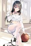  1girl bare_shoulders basketball black_bra blue_eyes bra bra_visible_through_clothes breasts brown_hair commentary_request crop_top curtains dappled_sunlight denim denim_shorts halter_top halterneck hand_in_own_hair highres kneeling kobayashi_chisato long_sleeves looking_at_viewer medium_breasts midriff navel one_knee original pantyhose shadow shoes shorts solo sunlight underwear white_footwear white_legwear window 