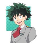  1boy blazer boku_no_hero_academia border collared_shirt eyebrows_visible_through_hair freckles green_eyes green_hair grey_jacket jacket looking_at_viewer male_focus midoriya_izuku nagiayase necktie open_mouth polka_dot polka_dot_background red_necktie school_uniform shirt signature smile solo u.a._school_uniform white_border white_shirt 