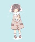  1girl animal_ears artist_name black_hair blue_background clothing_request eyebrows_visible_through_hair floppy_ears highres inaba_tewi long_sleeves m_(m073111) orange_eyes pom_pom_(clothes) rabbit_ears scarf shoes short_hair socks solo sparkle touhou wavy_hair 