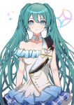  1girl asymmetrical_clothes detached_collar expressionless green_hair hatsune_miku highres idolmaster idolmaster_shiny_colors long_hair looking_at_viewer simple_background solo sparkle_print suyaya_oyasumi twintails upper_body very_long_hair vocaloid white_background 