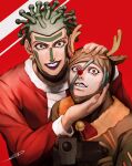  2boys animal_costume bodysuit cioccolata earrings evil_grin evil_smile eyelashes facepaint facial_mark green_eyes green_hair grin highres hospital_0434 jewelry jojo_no_kimyou_na_bouken lipstick makeup male_focus multiple_boys oasis_(stand) purple_lips red_nose reindeer_costume santa_costume secco smile stand_(jojo) vento_aureo violet_eyes 