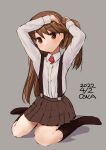  1girl artist_name brown_eyes brown_hair brown_skirt dated dress_shirt grey_background highres holding holding_hair kantai_collection long_hair looking_at_viewer magatama one-hour_drawing_challenge owa_(ishtail) pleated_skirt ryuujou_(kancolle) shirt sitting skirt solo suspenders twintails wariza 