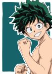  1boy boku_no_hero_academia border clenched_hand freckles green_background green_eyes green_hair highres looking_at_viewer male_focus midoriya_izuku no_control outline simple_background smile solo teeth topless_male white_border white_outline 