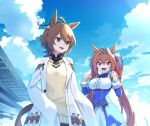  2girls agnes_tachyon_(umamusume) ahoge animal_ears bangs blue_bow blue_bowtie botamochi_(exwelder) bow bowtie breasts brown_eyes brown_hair clenched_hands clouds coat commentary_request daiwa_scarlet_(umamusume) day earrings epaulettes fang hair_intakes hands_up horse_ears jewelry large_breasts long_hair medium_hair multiple_girls necktie open_clothes open_coat open_mouth outdoors red_eyes shirt short_necktie single_earring sleeves_past_fingers sleeves_past_wrists small_breasts smile sweater test_tube tongue twintails umamusume white_coat white_shirt yellow_sweater 