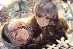  1boy 1girl black_gloves black_jacket breasts closed_eyes flower fujimaru_(green_sparrow) gloves grey_eyes hairband holding_another&#039;s_wrist jacket mole mole_under_mouth nier_(series) nier_automata pendant_choker short_hair silver_hair white_flower yorha_no._2_type_b yorha_no._9_type_s 